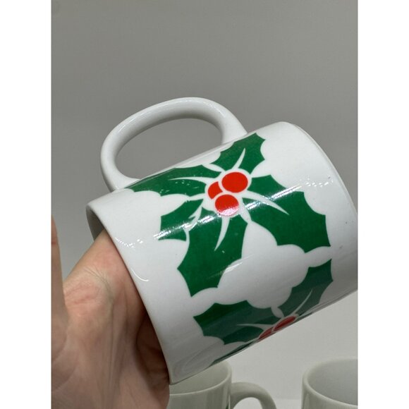 VTG 90s Holly Berry Christmas Mugs Set of 4, Green & Red Ceramic Coffee/Tea Cups - Picture 5 of 6